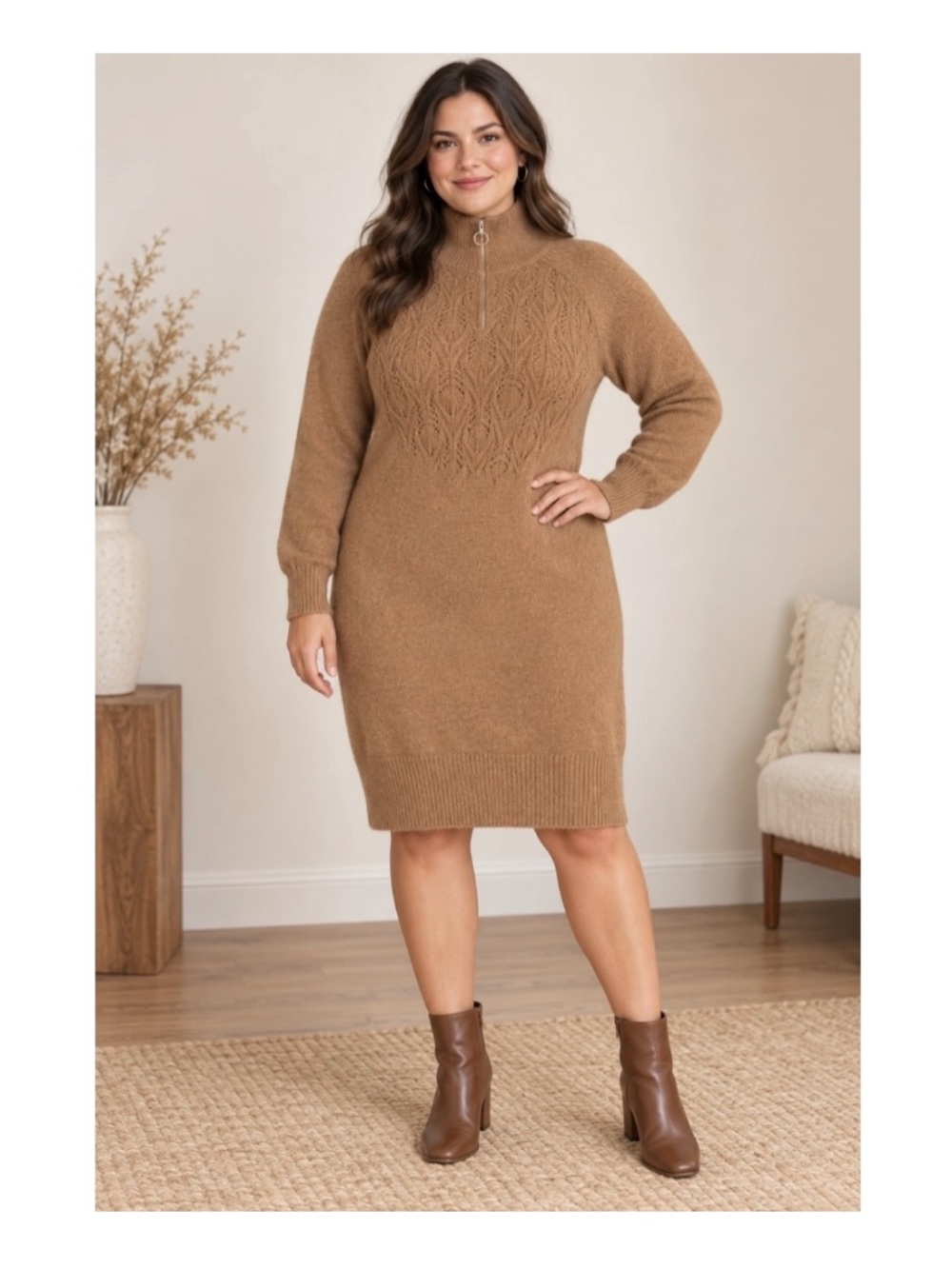 As U Wish nwt size small Brown Cable-Knit Half-Zip Sweater Dress